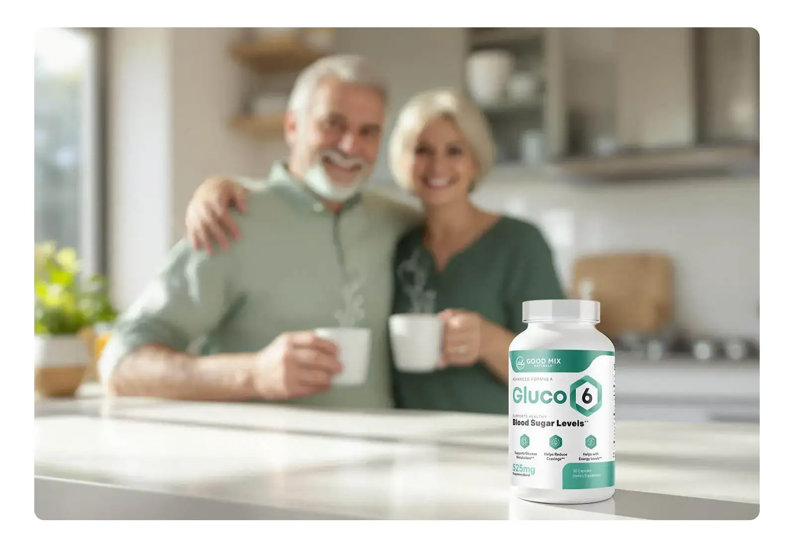 Gluco6 blood sugar support supplement bottle with healthy couple enjoying a balanced lifestyle at home