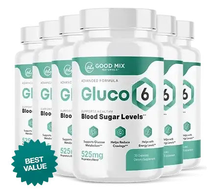 Six bottles of Gluco6 blood sugar support supplement best value package for long-term wellness support