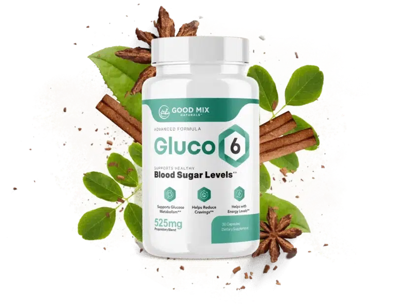 Gluco6 bottle with botanical ingredient imagery